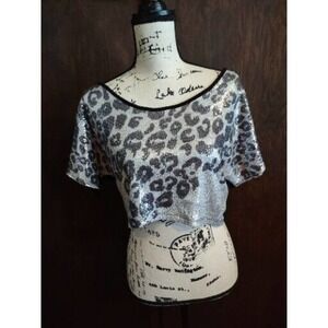 Vintage Wet Seal Crop Top Size Medium Sequin Animal Print Club Black Silver